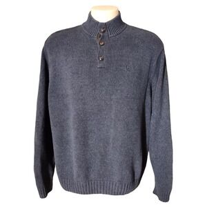 Chaps Knit Sweater Mock Neck Button Up Adult Mens XL Navy Blue w/ brown patches